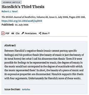 Ein Beispiel für Argument-Analyse in Robert J. Yanal, “Hanslick’s Third
                     Thesis”, British
                           Journal of Aesthetics, 46, Nr. 3 (2006): 259–266