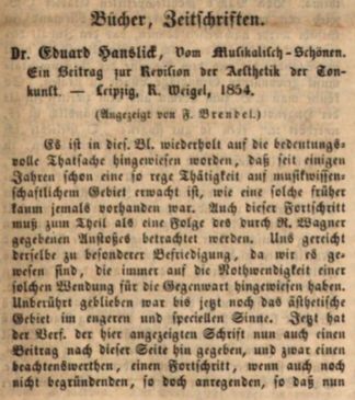 Franz Brendel, review of Vom Musikalisch-Schönen, Neue Zeitschrift für Musik, February 16, 1855