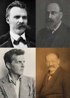 Collage of images of Adler, Nietzsche, Schenker, and Wittgenstein (Wikipedia Creative Commons)